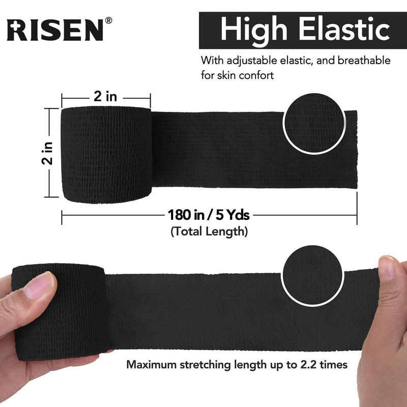 RISEN Cohesive Bandage 2” x 5 Yards, 6 Rolls, Self Adherent Wrap Medical Tape, Adhesive Flexible Breathable First Aid Gauze Ideal for Stretch Athletic, Ankle Sprains & Swelling, Sports(Black) Black - NewNest Australia