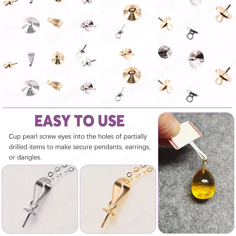 Swpeet 680Pcs Gold and Sliver 3mm 4mm 5mm 6mm 8mm Cup Pearl Screw Eye Pin Bail Peg Pendants with 7mm Pendant Charm Clasps Connector Kit, Perfect for Half-drilled Beads Jewelry Making - NewNest Australia