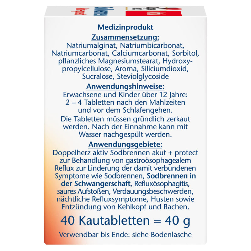 Doppelherz Heartburn Acute + Protect - Medical product for heartburn, acid reflux + acid-related stomach problems - 40 chewable tablets with mint flavor 40 pieces (pack of 1) - NewNest Australia