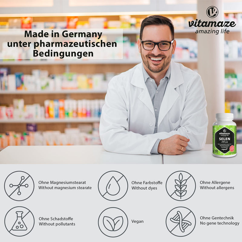 Selenium high dose 200 mcg, vegan, 180 tablets for 6 months, natural & bioavailable dietary supplement without additives, Made in Germany - NewNest Australia