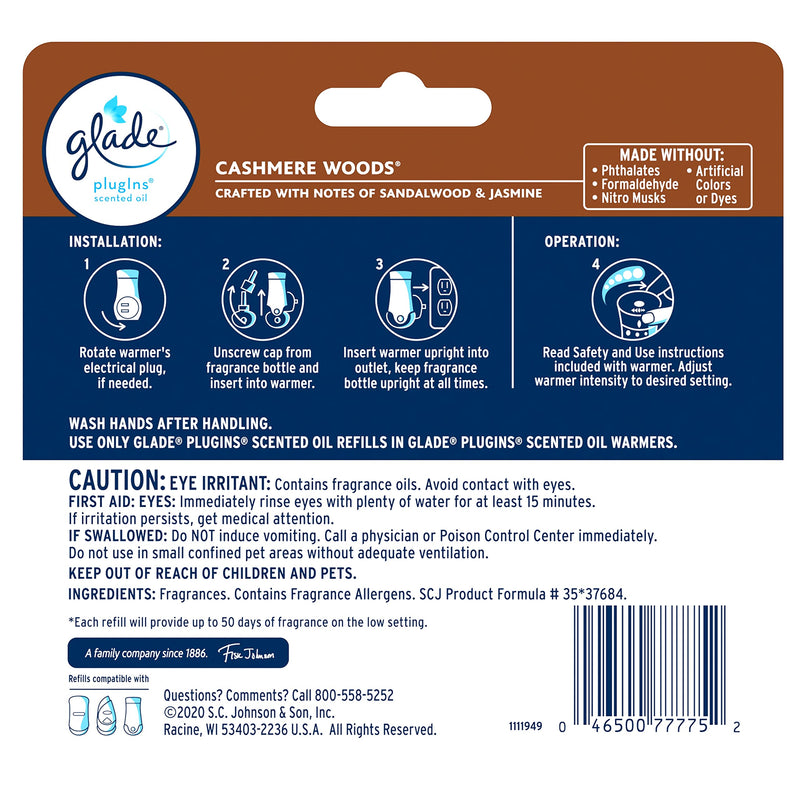 Glade PlugIns Refills Air Freshener, Scented and Essential Oils for Home and Bathroom, Cashmere Woods, 3.35 Fl Oz, 5 Count Cashmere Woods (2) 0.67 Fl Oz (Pack of 5) - NewNest Australia