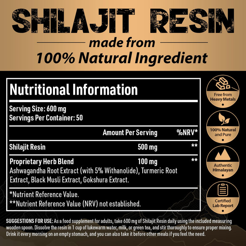 Shilajit Resin Gold Standard Shilajit - 600 mg Himalayan Shilajit mixture with Ayurvedic herbal extracts, high content of fulvic acid, supports energy and performance, 30 g (pack of 1) 30 g (pack of 1) - NewNest Australia