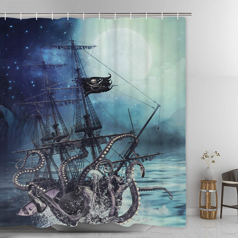 Octopus Shower Curtain Ocean Kraken Attack Nautical Pirate Ship Shower Curtain with 12 Hooks, Octopus Tentacles Sailboat Wave Mountain Under Moon Starry Sky Shower Curtain, Waterproof Durable A Octopus Ship 70" L x 69" W - NewNest Australia