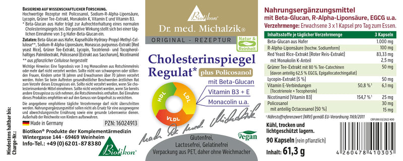 Cholesterol Level Regulat + Policosanol - Dr. med. Michalzik - 90 capsules - with policosanol and natural sodium R-alpha lipoic acid - without additives - from BIOTIKON® - NewNest Australia
