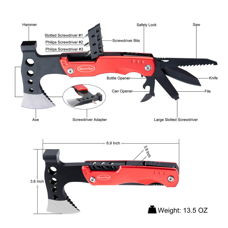 RoverTac Multitool Lockable Camping Axe Survival Gear Unique Gifts for Men Dad Husband Boyfriend 11 in 1 Upgraded Multi Tool with Hammer Knife Saw Screwdrivers Bottle Opener Durable Sheath Red - NewNest Australia