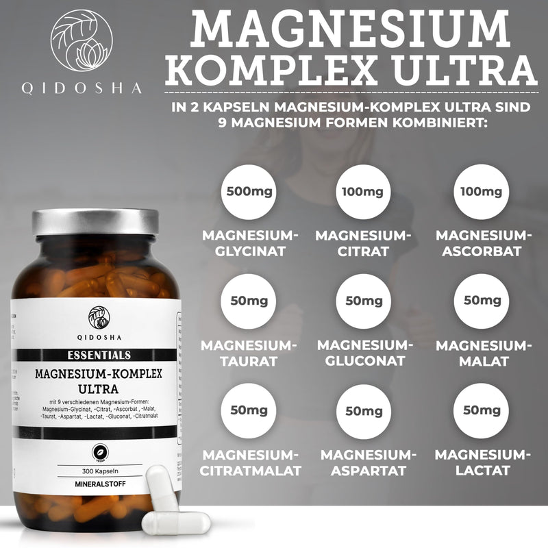 QIDOSHA® Magnesium Complex Capsules, 300 pieces in a pharmacy jar, 9 organic magnesium forms with complementary key effects as a full spectrum magnesium, 300mg elemental magnesium/daily portion - NewNest Australia
