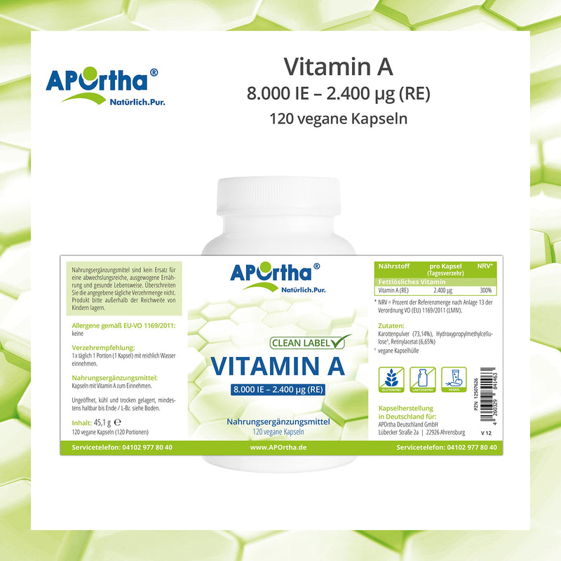 APOrtha® - Vitamin A 8,000 IU (2,400 µg) - 120 vegan capsules, high dosage and easy to swallow, made from retinyl acetate, allergen-free, vegan, gluten-free - NewNest Australia