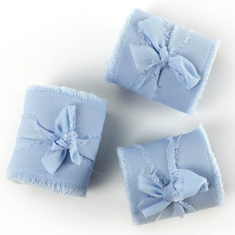 MEEDEE Chiffon Ribbon Handmade Fringe Silk Ribbon 2" x 7 Yards Baby Blue Chiffon Ribbon Perfect for Wedding Invitation, Bridal Bouquet, Gift Wrapping, Baby Shower Decor (3 Rolls 21 Yards) - NewNest Australia