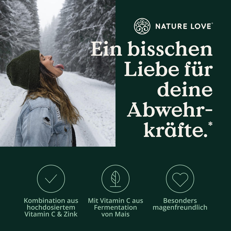NATURE LOVE® Vitamin C Buffered & Zinc - 180 capsules - high dosage: 1,000 mg vitamin C + 15 mg zinc - fermentation of corn, pH-neutral, acid-free - laboratory tested, vegan and produced in Germany - NewNest Australia