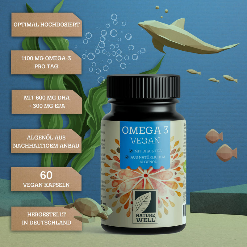 Omega-3 Vegan 60 capsules high dosage, 2000mg, algae oil per day with 600mg DHA & 300mg EPA, vegan Omega-3 from sustainable cultivation as a fish oil alternative, laboratory tested with certificate, NatureWell 60 pieces (pack of 1) - NewNest Australia