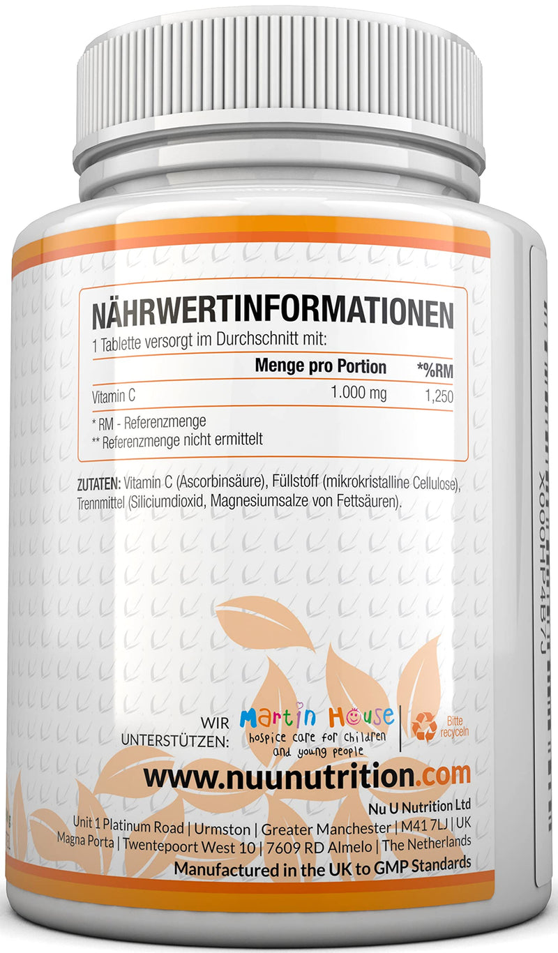 Vitamin C 1000mg High Dose - 180 Vegan Tablets - Vit C for 6 Months - From Nu U Nutrition - NewNest Australia