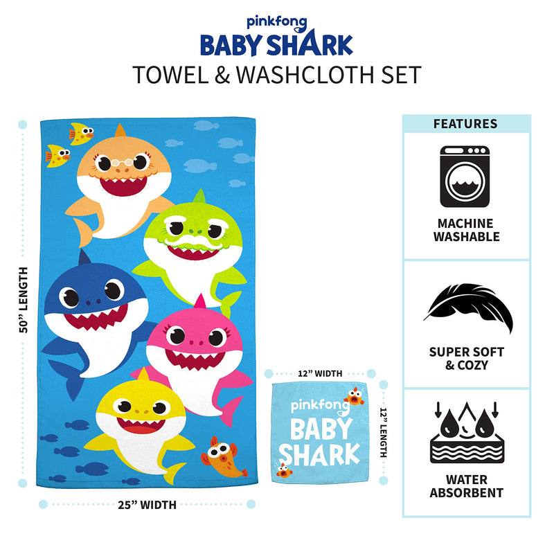 Franco Kids Bath and Beach Soft Cotton Terry Towel with Washcloth Set, 25" x 50", Baby Shark 25" x 50" - NewNest Australia