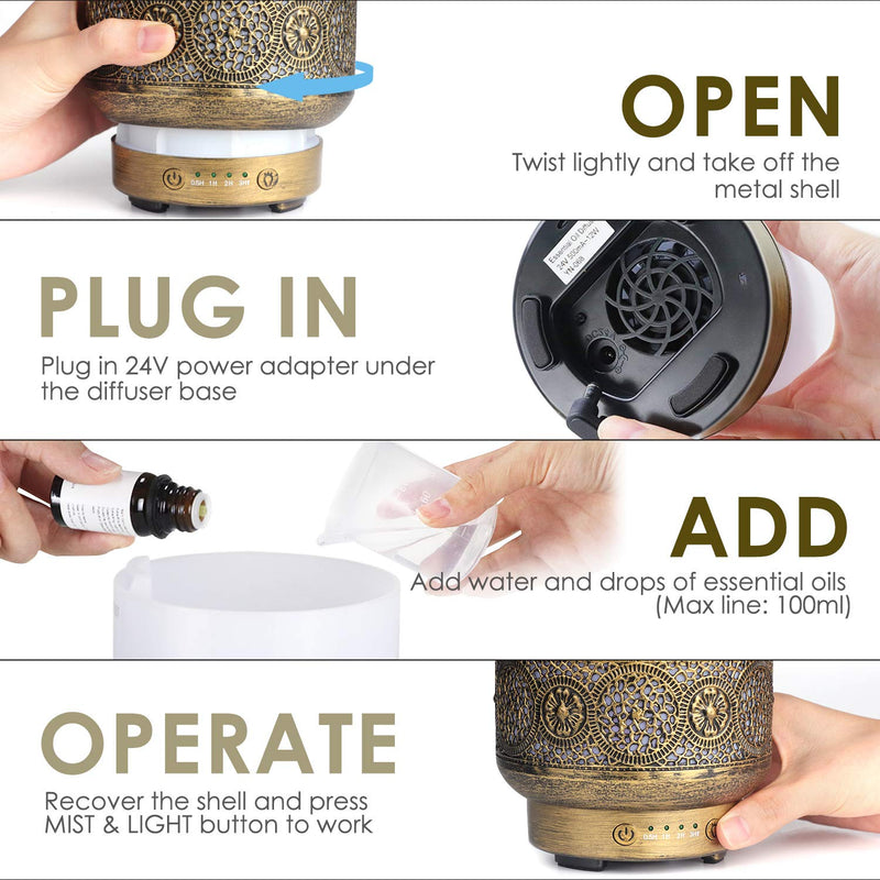 SALKING Metal Essential Oils Diffuser,100ml Vintage Aromatherapy Diffuser Ultrasonic Oil Diffusers Humidifier with 7 Colour Night Light, Waterless Auto Shut-Off, Timer for Home Bedroom Gold - NewNest Australia