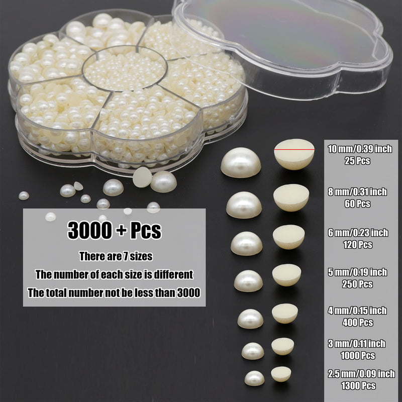 YAKA 3000 PCS 1 Box 7Sizes 2.5/3/4/5/6/8/10mm Flat Back Half Round Pearl Cabochon Bead Loose Beads Gem for Nail Craft Scrapbook DIY Decoration (Beige) Beige - NewNest Australia