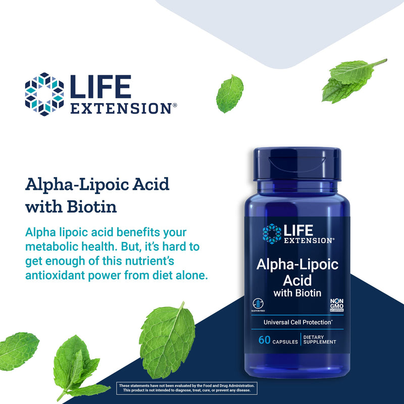 Life Extension Alpha-Lipoic Acid with Biotin Universal Antioxidants for Liver & Nerve Health, Protection Against Oxidative Stress - Gluten-Free, Non-GMO - 60 Capsules Standard Packaging - NewNest Australia