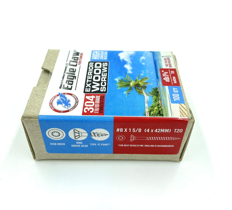 #8 X 1 5/8 Inch Stainless Steel Wood Screws Flat Head T20 Star Drive 304 Grade (100 pieces) for Outdoor Construction by Eagle Claw Fasteners (Driver Bit included) 100 #8 x 1 5/8" - NewNest Australia