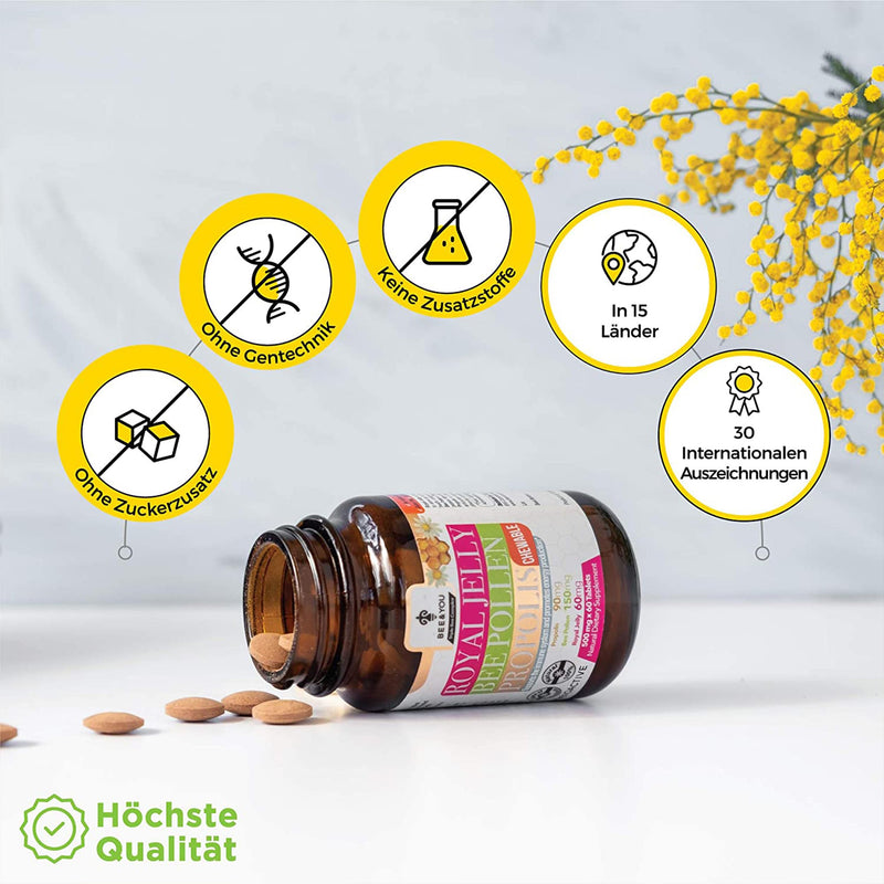 Bee&You Royal Jelly Bee Pollen Propolis with 500 mg 60 tablets (Propolis Capsules - Chewable Tablets - Propolis Extract - No Additives - Fair Trade - Natural & Controlled Ingredients) - NewNest Australia