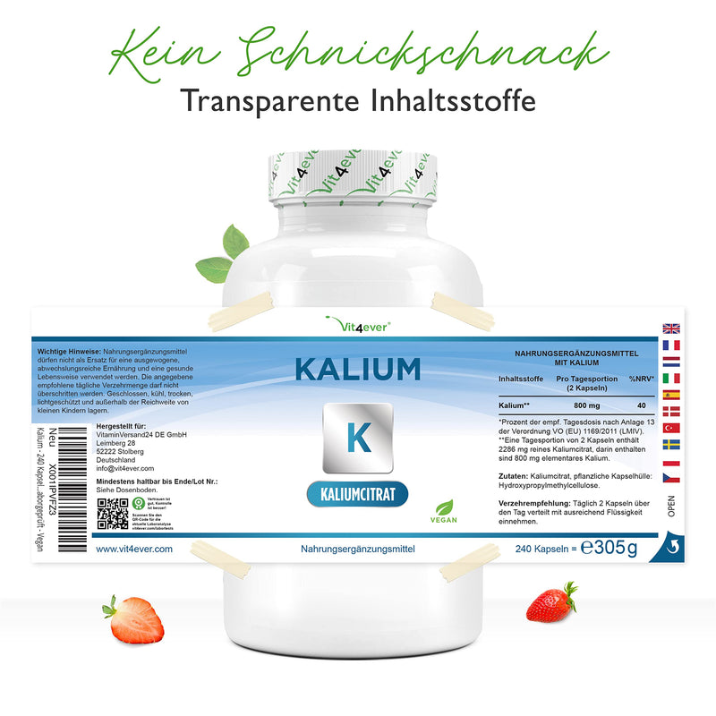 Potassium - 240 capsules - High dosage: 1143 mg per capsule, of which 400 mg is elemental potassium - 100% potassium citrate - Laboratory tested - Vegan - NewNest Australia