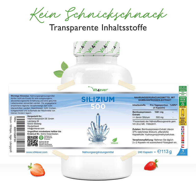 Silicon - 240 capsules with 500 mg organic silicon per day - Premium: Naturally derived from bamboo extract - High dosage - Vegan - Laboratory tested - NewNest Australia