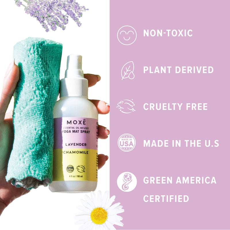 MOXĒ Yoga Mat Cleaner, Lavender Chamomile, Includes Microfiber Cleaning Towel, Helps with Odor & Sweat, No Slippery or Sticky Residue, Non-toxic, Natural, Essential Oils, Plant Based, Made in USA, 4 Ounces - NewNest Australia