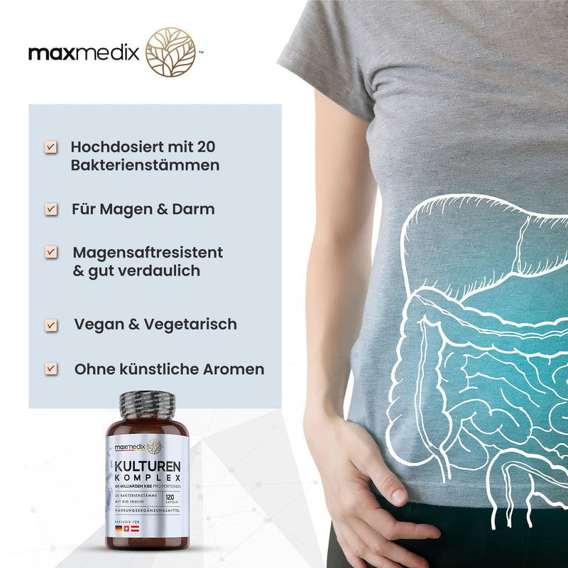 Cultures Complex With 60 Billion Cfu - 20 Bacterial Strains & Bio Inulin - With Lactobacillus Reuteri & Lactobacillus Gasseri - Laboratory Tested In Germany - Enteric-Coated & Vegan - 120 Capsules - NewNest Australia
