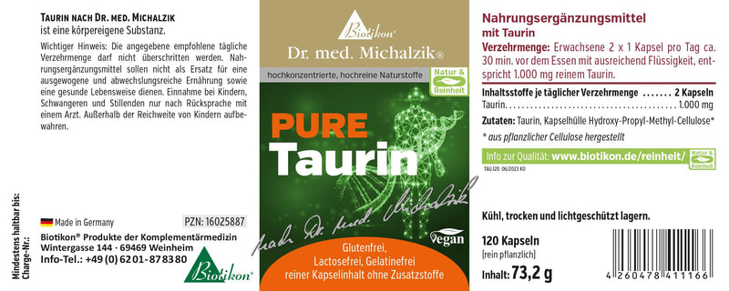 Vegan Taurine Dr. med. Michalzik - daily recommendation Taurine [1000 mg] - amino acid + important endogenous substance - without additives - from BIOTIKON® - NewNest Australia