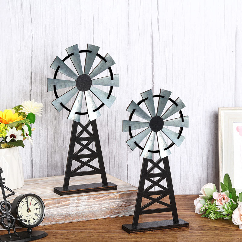 Set of 2 Wooden Farmhouse Windmill Table Top Decor Wood Small Distressed Windmill Table Decor Black Grey Rustic Windmill Themed Table Decor for Kitchen Garden Home Decor - NewNest Australia