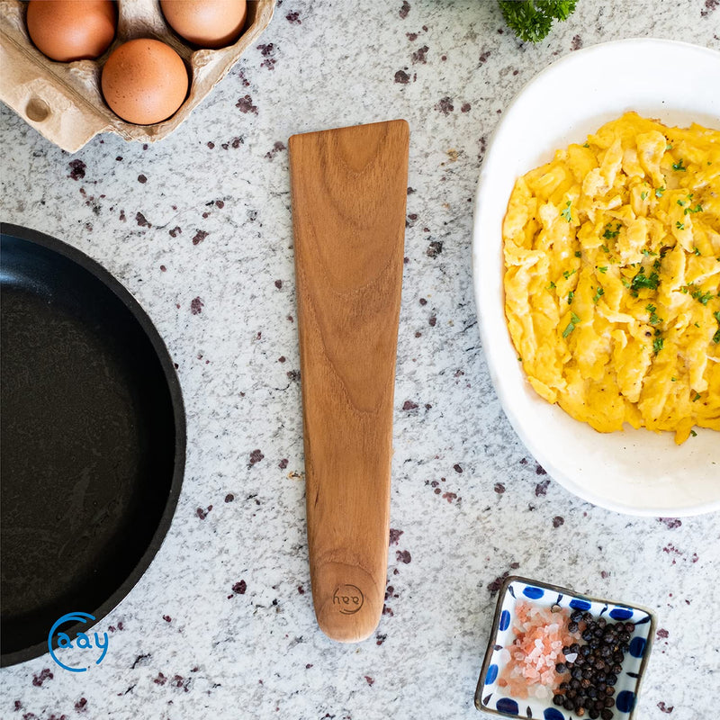 FAAY 10" Flat Wooden Spatula for Cast Iron, Egg Flipper, Pan Scraper, Handcraft from High Moist Resistance Golden Teak for Non Stick Cookware (10") 10" - NewNest Australia