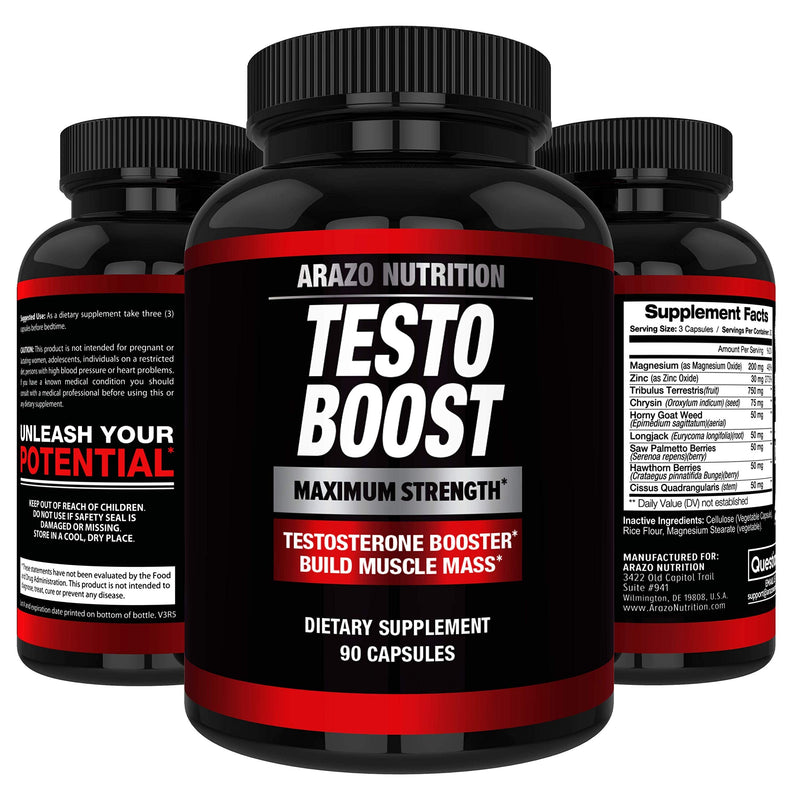 TestoBoost Test Booster Supplement - Potent & Natural Herbal Pills - Boost Muscle Growth - Tribulus, Horny Goat Weed, Hawthorn, Zinc, Minerals - Arazo Nutrition - NewNest Australia