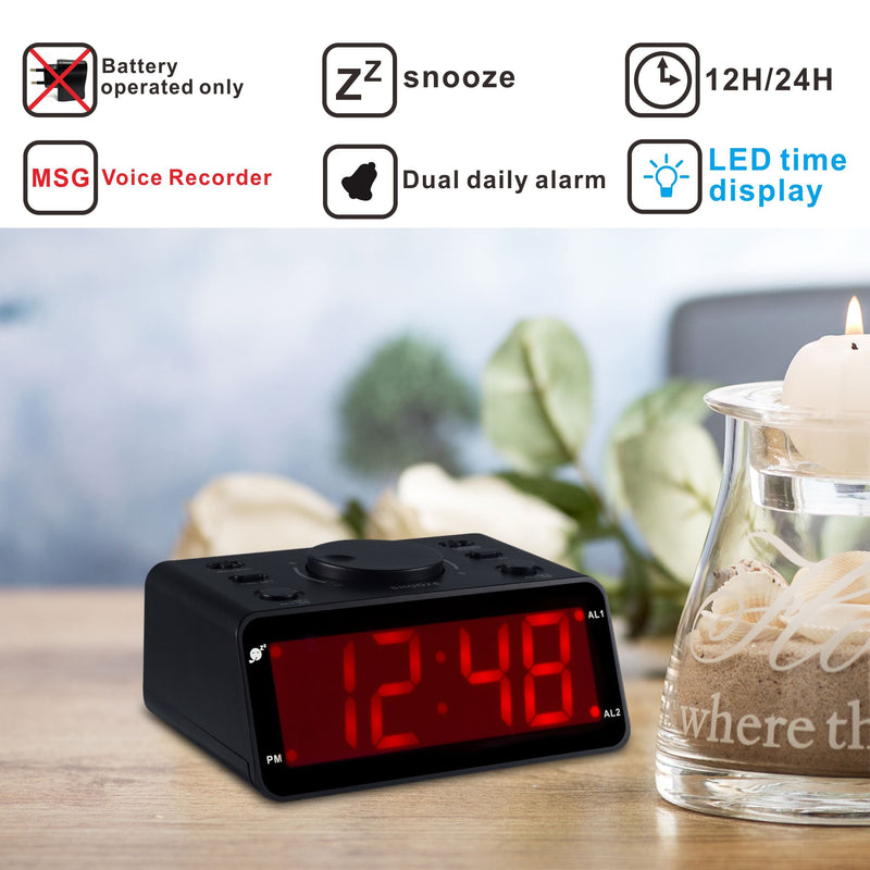 NewNest Australia - KWANWA Battery Operated Only Cordless LED Electronic Alarm Clock with Clear Voice Recording Alarm,1.2 inch Red Numbers Display 