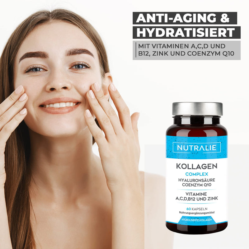 Collagen + Hyaluronic Acid + Coenzyme Q10 + Vitamins A, C, D and B12 + Zinc | For the joints and for the skin | Collagen hydrolyzate in 60 capsules | Nutralie 41.4 g - NewNest Australia