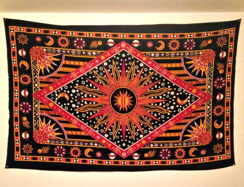NewNest Australia - Hippie Mandala Sun and Moon Maditation Poster Tapestry Wall Hanging - Indian Golden Burning Sun Stars Psychedelic Popular Mystic Beach Blanket 54 x 60 Inch 140 x 150 cms / 54" x 60" 