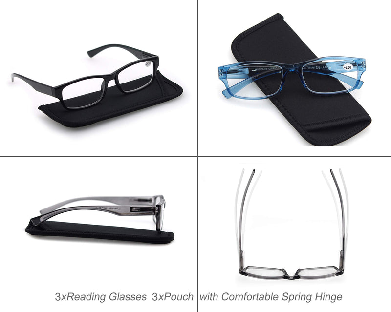Pack of 3 reading glasses 2.0 men/women, good glasses, high quality, rectangular, comfortable, great reading aid, for men and women, black-blue-gray + 2.00 mixed color - NewNest Australia