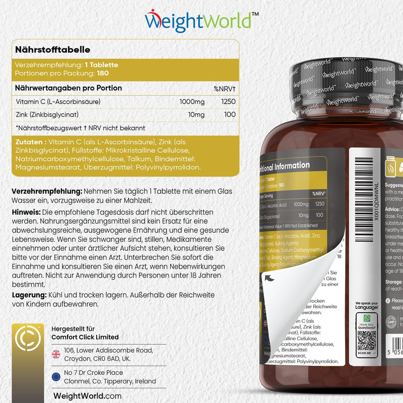Vitamin C with Zinc Tablets - 1000mg - 6 Month Supply - For Immune System, Energy, Bones, Skin & Metabolism (EFSA) - 180 Vegan Tablets - Alternative to Capsules & Powder - Vit C from WeightWorld Vitamin C with Zinc - NewNest Australia