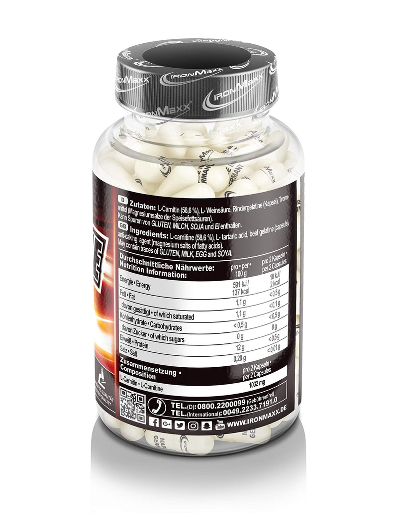 IronMaxx Carnitine Pro Caps - 130 Capsules | 750mg L-Carnitine Tartrate per capsule | particularly effective before training sessions | ideal during diet phases - NewNest Australia