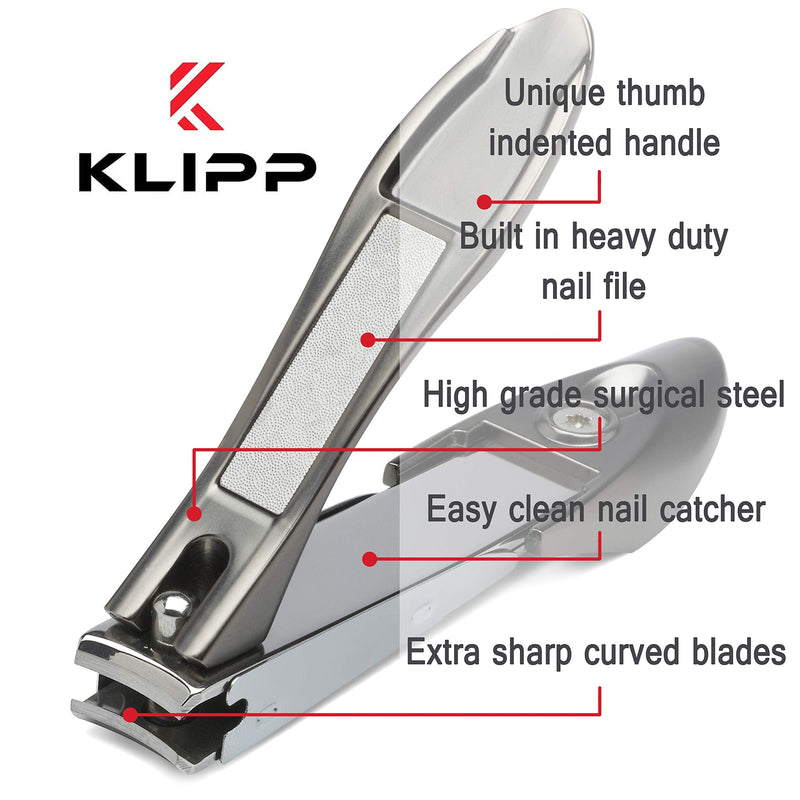 KLIPP Nail Clippers with Catcher – Heavy Duty Stainless Steel Fingernail and Toe Nail Cutter with Curved Surgical Blades and Built-In Nail File – Ergonomic Handle with Wide Jaws for Thick Nails - NewNest Australia