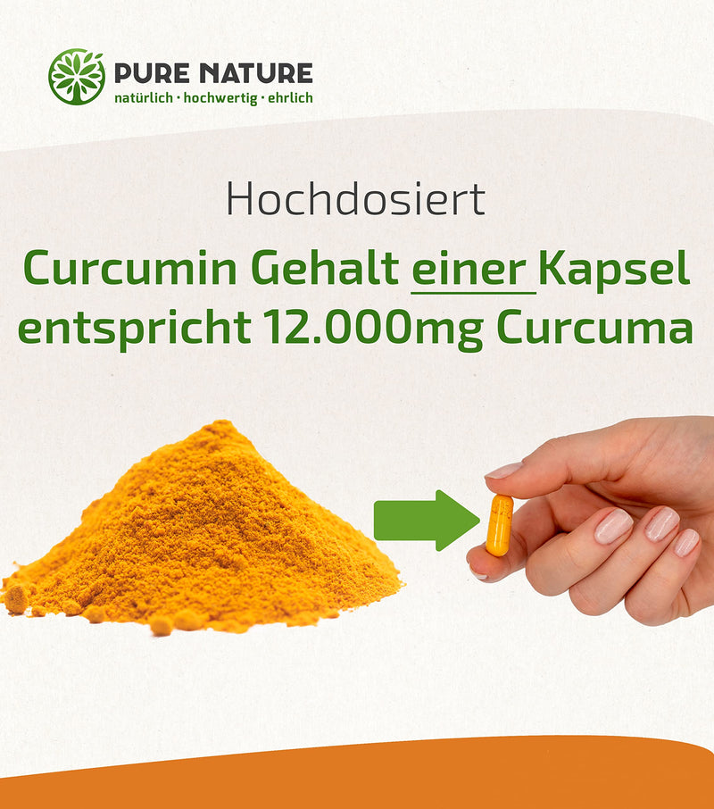 Pure Nature Turmeric Capsules Complex HIGH DOSE [1 capsule/day I 12,000 mg Curcuma] - Curcuma Capsules High Dose with Vitamin C & Piperine - 90 Turmeric Capsules - Made in Germany - NewNest Australia