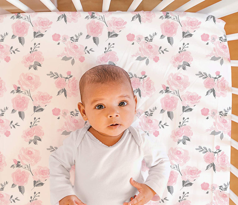 The Peanutshell Crib Sheet Set for Baby Girls | Pink Roses & Ditsy Floral | 2 Pack Set - NewNest Australia
