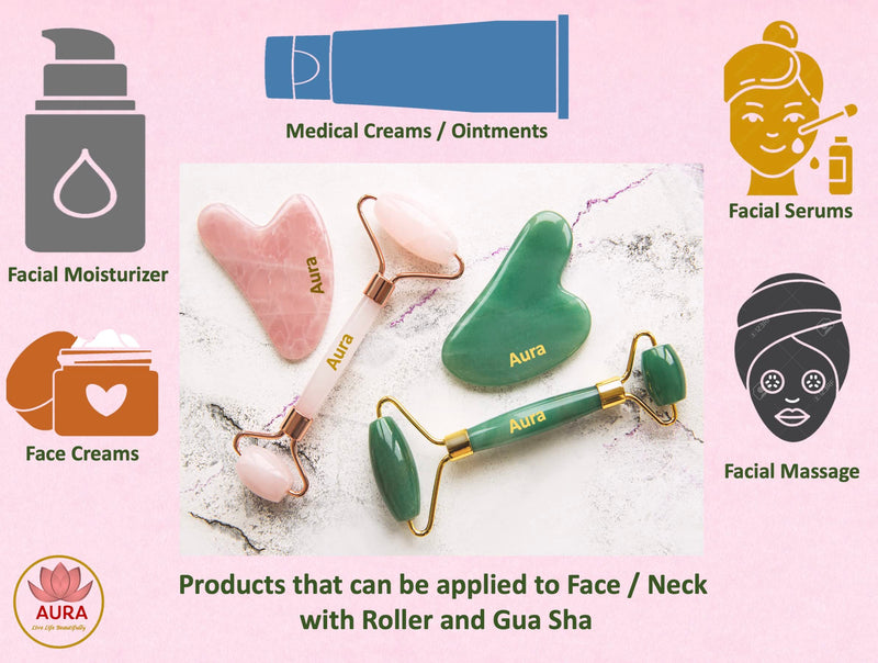 Aura - Live life beautifully Premium Certified Luxury 100% Authentic Rose Quartz Pink Roller & Gua Sha Set for Anti-Aging Skin Care, Muscle Relaxation, Fine Line Reduction, and Eye Puffiness Relief - NewNest Australia