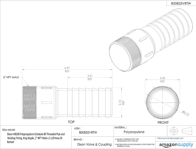 Dixon HB200 Polypropylene Schedule 80 Threaded Pipe and Welding Fitting, King Nipple, 2" NPT Male x 2-1/8 Hose ID Barbed 2" x 2-1/8" 1 - NewNest Australia