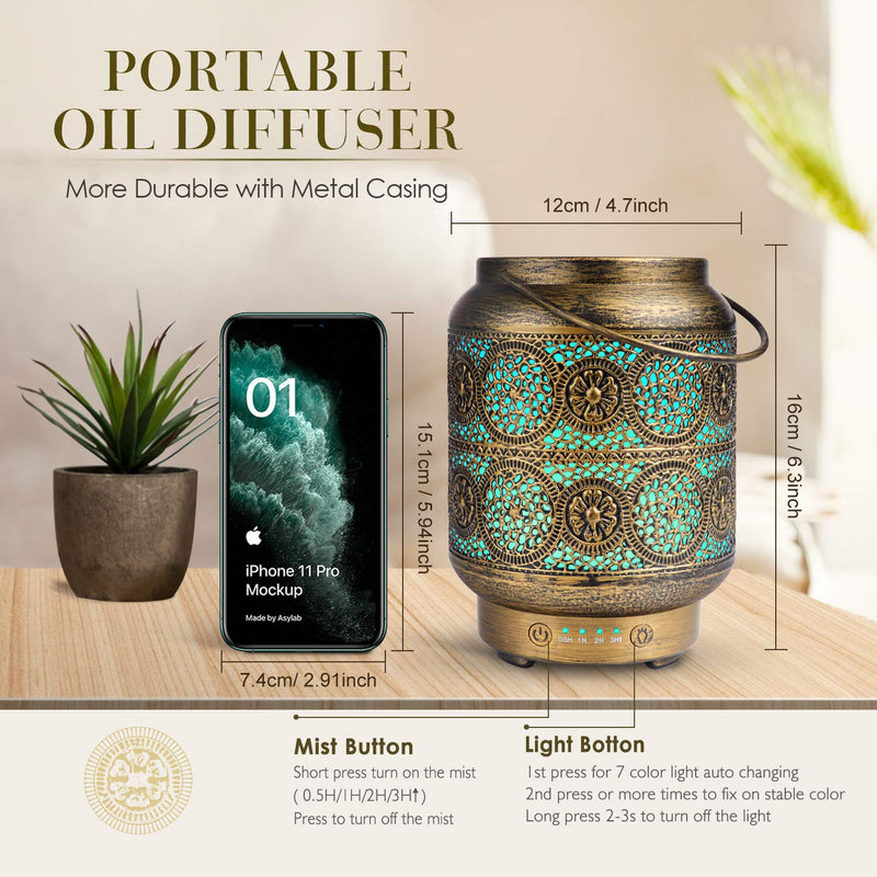 SALKING Metal Essential Oils Diffuser,100ml Vintage Aromatherapy Diffuser Ultrasonic Oil Diffusers Humidifier with 7 Colour Night Light, Waterless Auto Shut-Off, Timer for Home Bedroom Gold - NewNest Australia