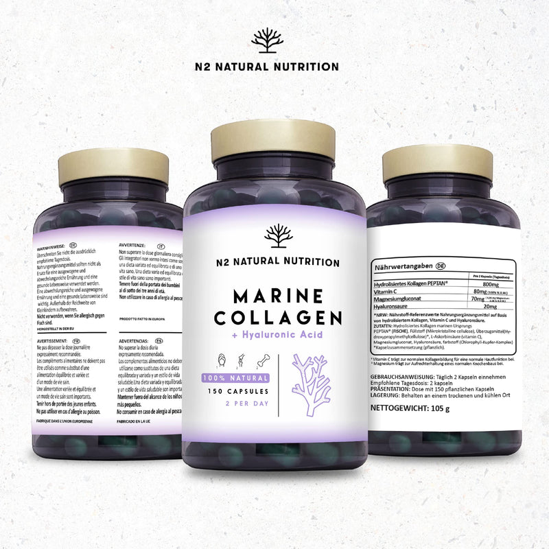 Collagen Capsules High Dose With Hyaluronic Acid, Vitamin C And Magnesium 150 Capsules Gluten Free For 75 Days Marine Collagen Peptan Type 1 For Skin, Hair And Joints Eu Ce N2 Natural Nutrition - NewNest Australia