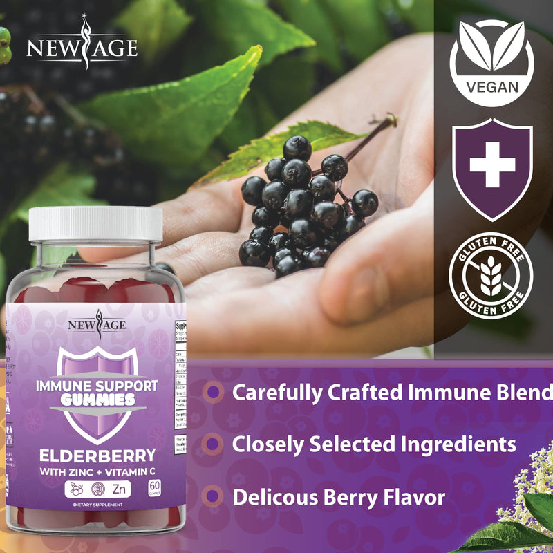 New Age Immune System Support Gummies - Sambucus Black Elderberry Gummies with Vitamin C and Zinc - All Natural Immunity Gummies - 2 Pack, 120 Count (2 Pack 120 Count) - NewNest Australia
