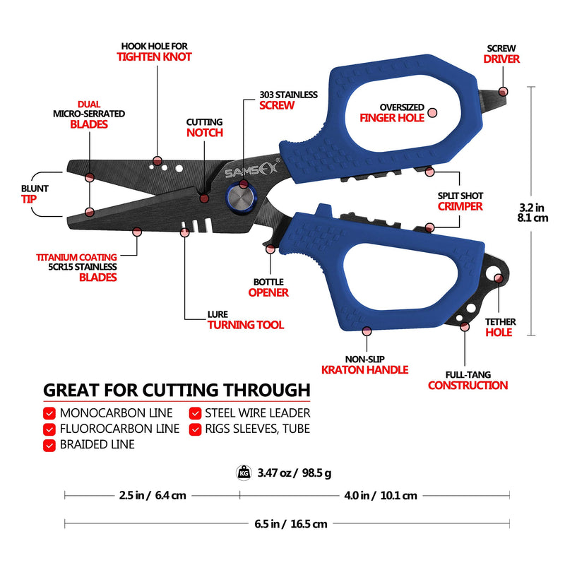 SAMSFX Fishing Braid Line Scissors Shears with Titanium Coating and Dual-Serrated Blade, Kraton Handle, Arrives with Hard Sheath and Coiled Lanyard A: Blue Kraton Handle, Hard Sheath - NewNest Australia