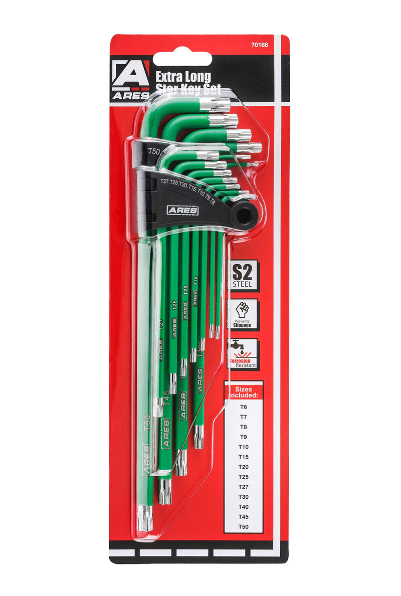 ARES 70166-13-Piece Extra Long Arm Star Key Wrench Set - Chrome Finish with Green High Visibility Anti-Slip Coating - Convenient Storage Case Included Star Key Set - NewNest Australia