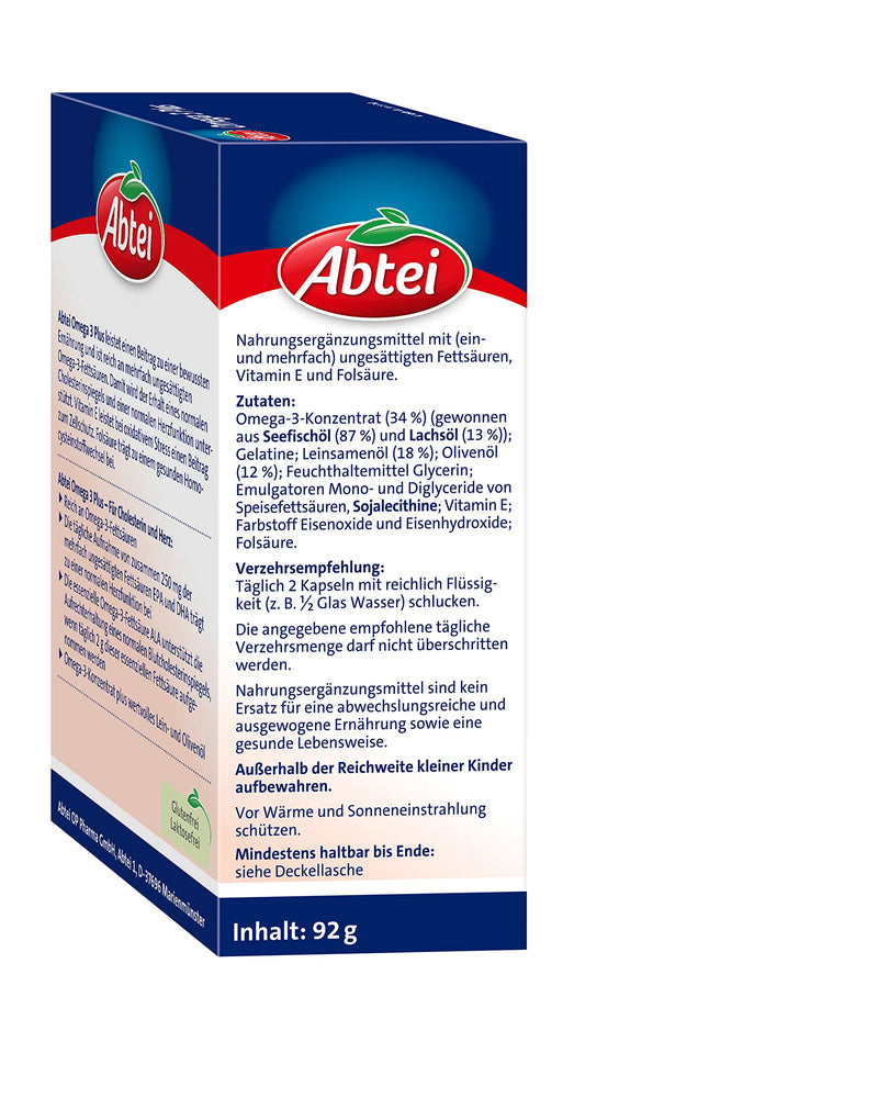 Abtei Omega 3 Plus - Dietary Supplement Rich In Omega-3 Fatty Acids For Cholesterol Levels And Heart Function - With Vitamin E And Folic Acid - 1 X 60 Capsules - NewNest Australia
