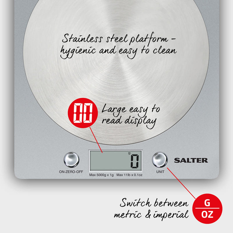 Salter 1036 SVSSDR Disc Electronic Scale, Digital Weighing, Stylish Slim Design, Home/Kitchen Cooking, Spun Stainless Steel Platform, Add,Weigh, Measures Liquids/Fluids, 5 Kg Capacity, Silver/Chrome Single - NewNest Australia
