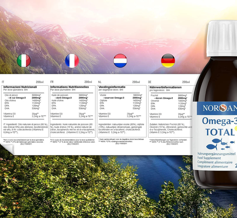 NORSAN Premium Omega 3 Fish Oil Total Lemon Online High Dose 200 ml / 2,000 mg Omega 3 per serving/Omega 3 Oil with EPA & DHA/Omega 3 Premium Oil with 800 IU Vitamin D3 200 ml (Pack of 1) - NewNest Australia