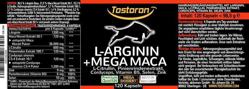 Tostoron, L-Arginine + Mega Maca - 120 Capsules - Extra Strong + High Dose - Laboratory Tested - Plus L-Citrulline, Pine Bark Extract, Cordyceps, Vitamin B5, Selenium, Zinc - 1 Tub (1 x 98.5 g) - NewNest Australia