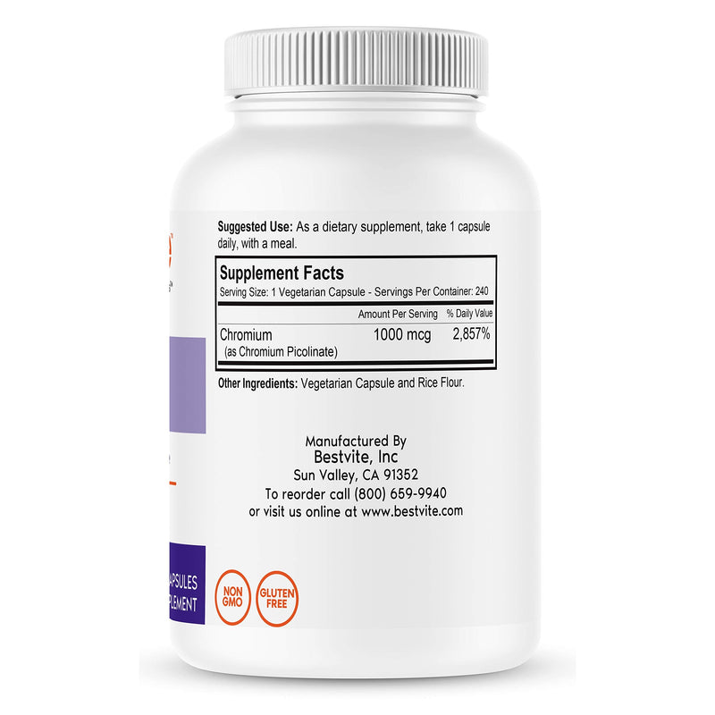 Chromium Picolinate 1000mcg (240 Vegetarian Capsules) - No Stearates - No Dicalcium Phosphate - Vegan - Gluten Free - Non-GMO 240 Count (Pack of 1) - NewNest Australia